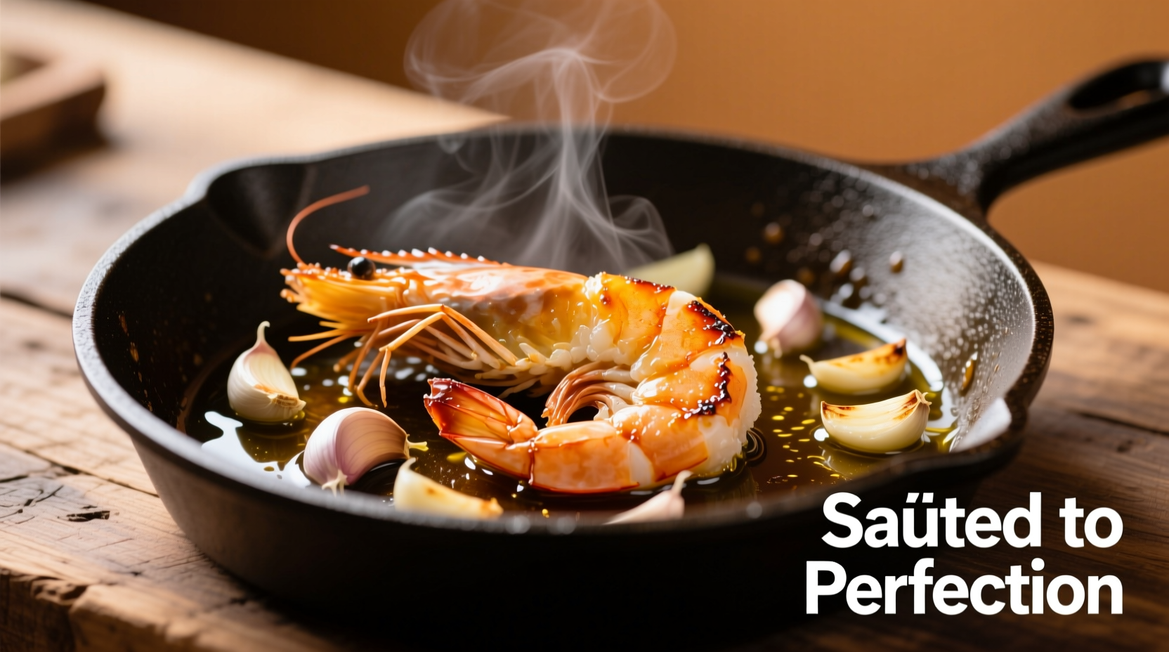 Perfectly cooked frozen shrimp in skillet with garlic