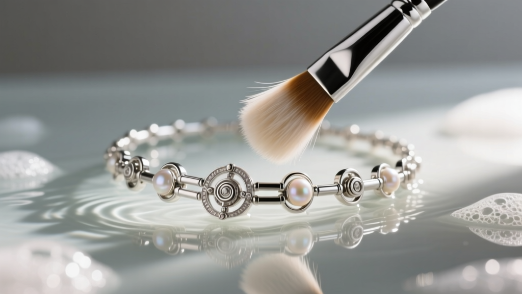 Soft goat-hair brush gently cleaning intricate kinetic joints of a platinum puppeteer necklace submerged in mild soapy water.