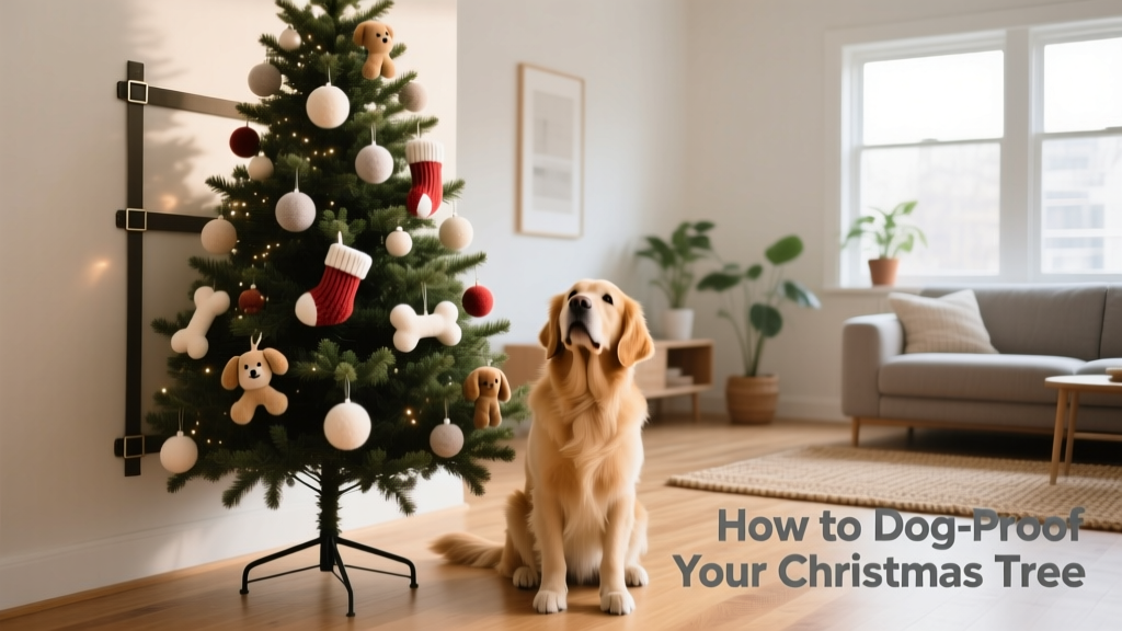 An artificial Christmas tree secured with straps anchored to a wall, surrounded by plush dog-safe ornaments