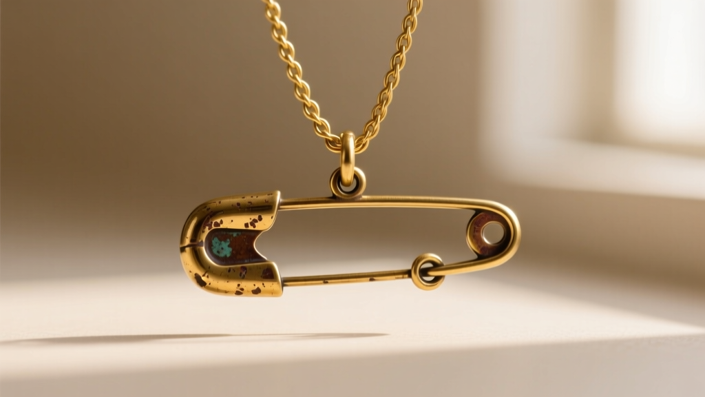 Macro shot of a distressed brass safety pin charm with patina, hanging from a delicate 18-inch gold-filled cable chain necklace