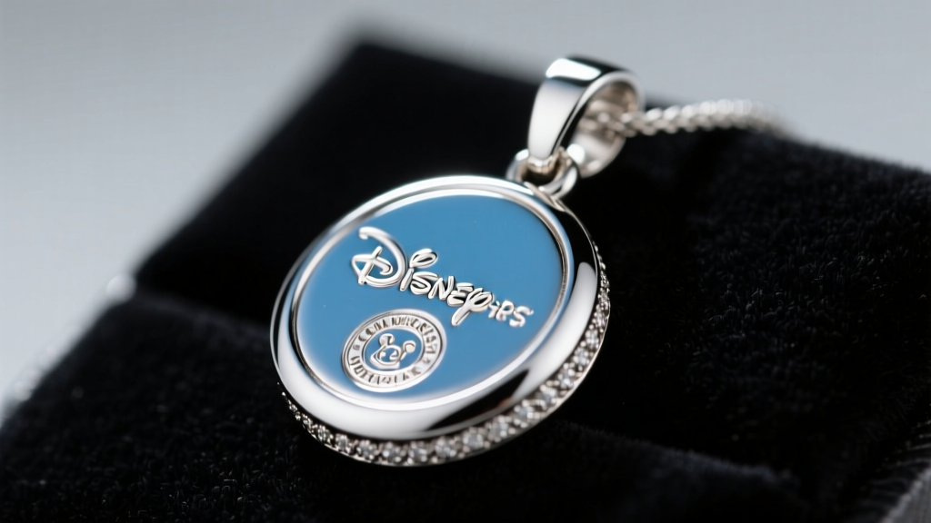 Macro shot of a rhodium-plated Disney Parks pendant showing the maker mark and stamp under bright jewelry inspection lighting