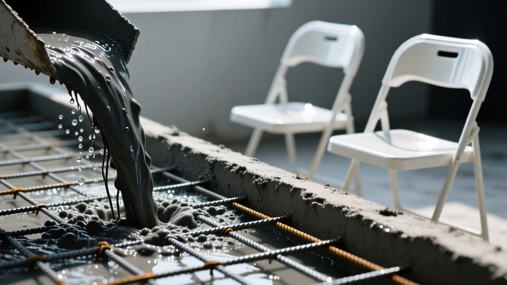 Close-up of wet concrete pour showing macro-synthetic fibers protruding from the edge next to a tied steel rebar grid on plastic chairs