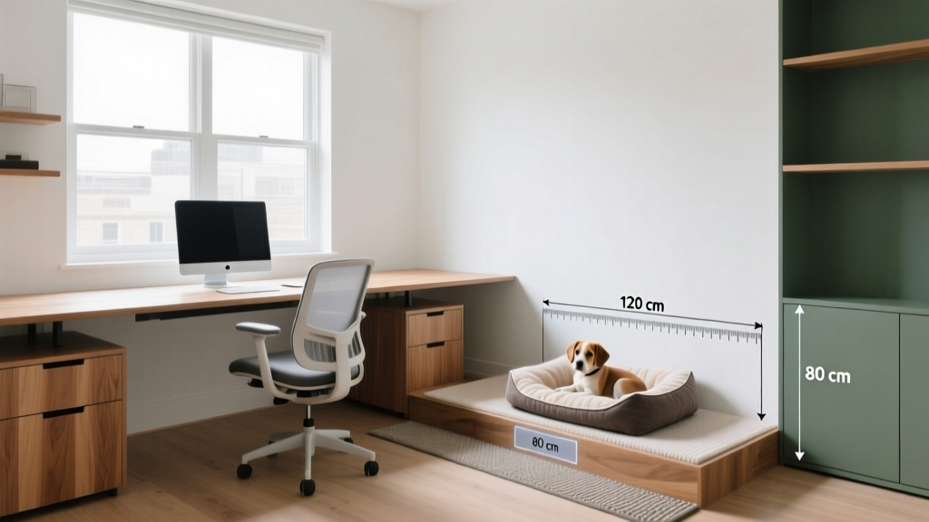 Organized home office floor plan showing designated puppy resting area and desk placement with measurement annotations