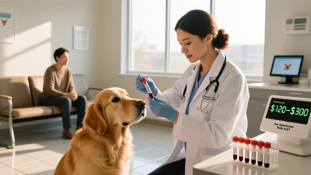 A veterinary technician preparing blood samples for lab analysis while a supportive pet owner waits nearby