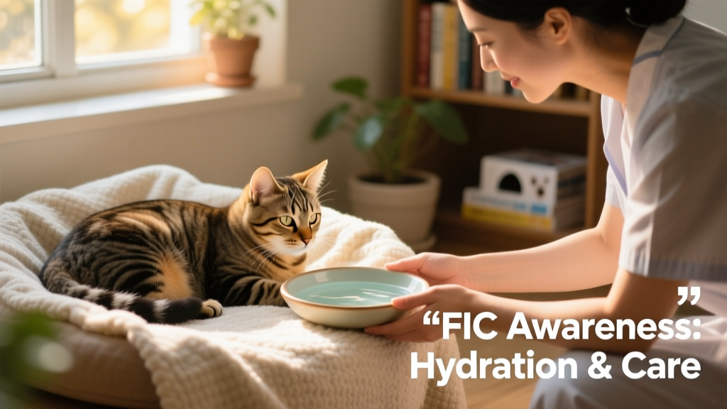 A caregiver gently offering a cat a shallow dish of fresh water beside a quiet, sunlit resting spot with a soft blanket