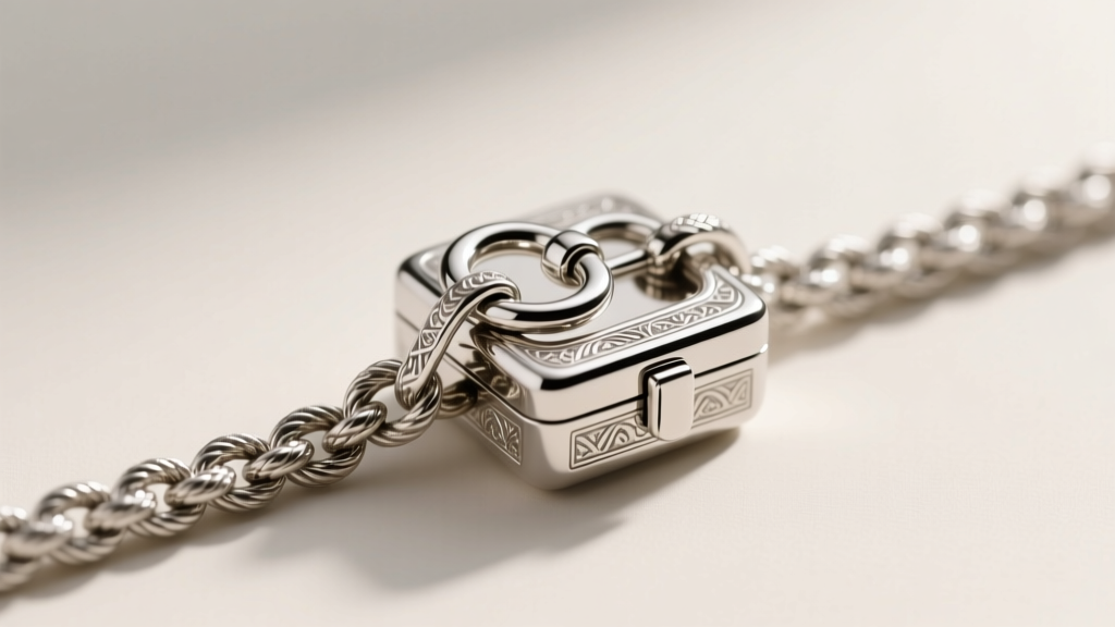 Macro shot of a platinum box clasp with a figure-8 safety catch on a thick 22 inch rope chain, showing precise jewelry metalwork
