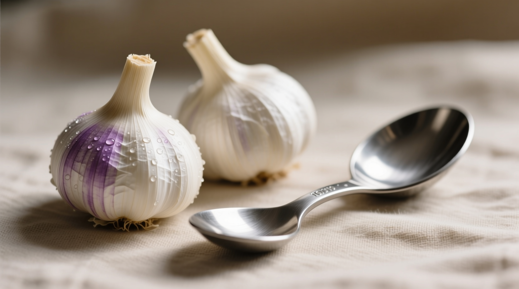 Three garlic cloves next to measuring spoon