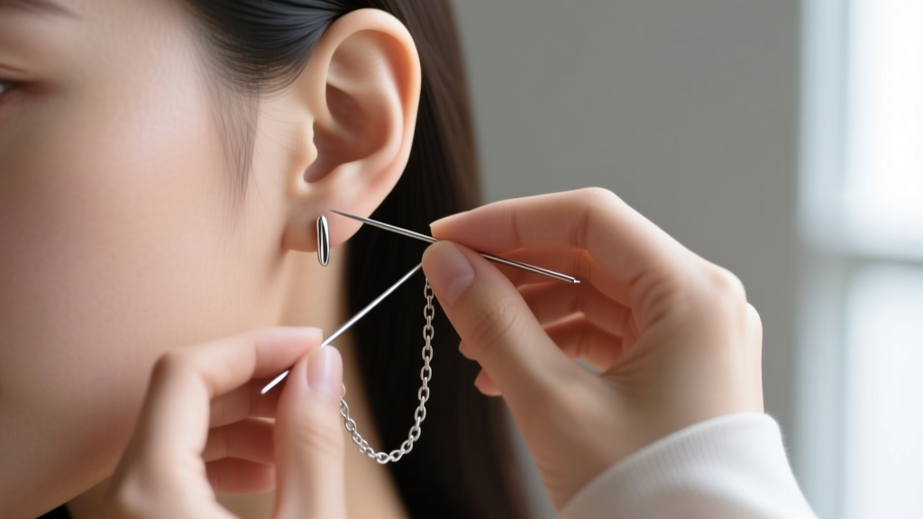 Hands gently threading a delicate silver chain needle earring through an earlobe piercing, soft natural window light, elegant.