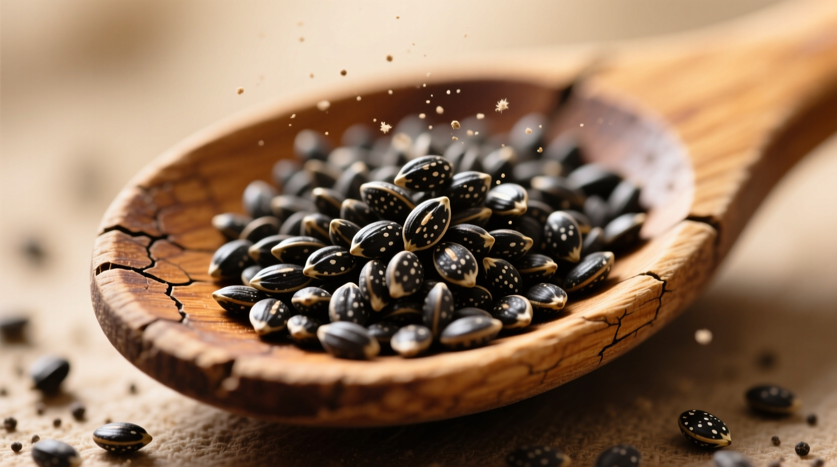 Close-up of poppy seeds on wooden spoon