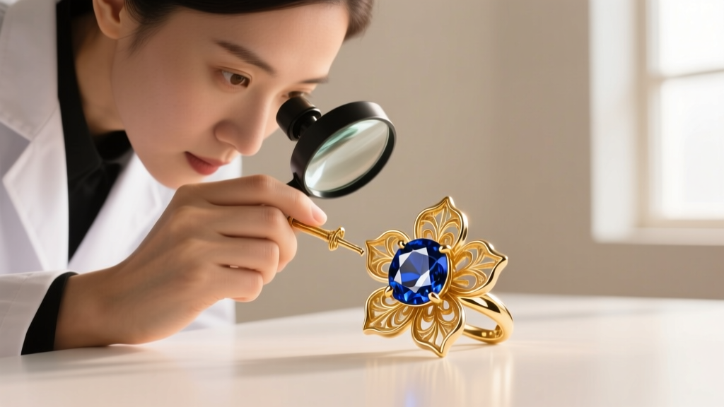 Jeweler using a loupe to examine tiny prong settings securing a sapphire in the center of an 18k gold flower earring stud.