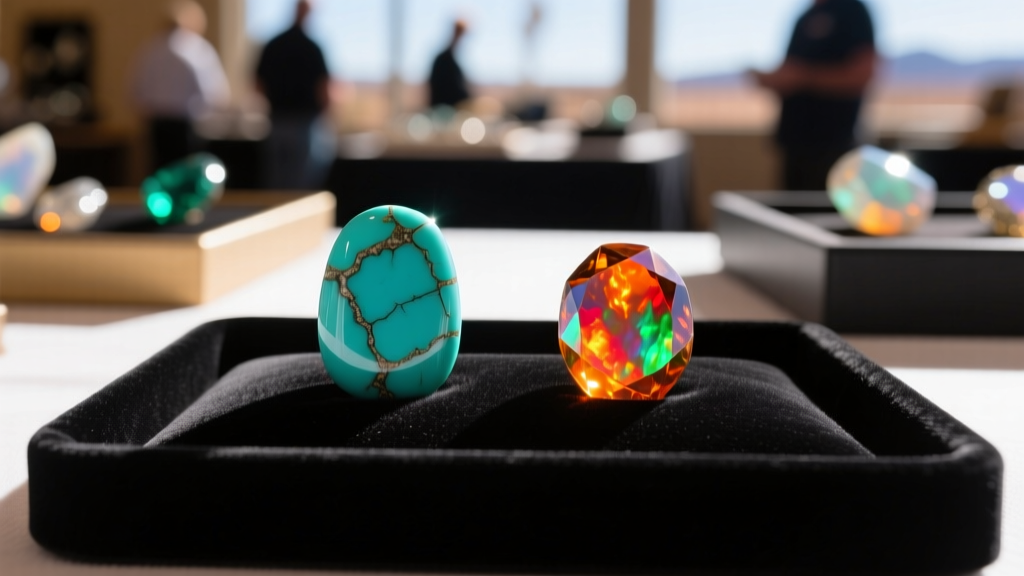 Macro photo of Kingman turquoise and fire opal cabochons on a dark velvet tray at the Tucson Gem Show, vibrant desert lighting.