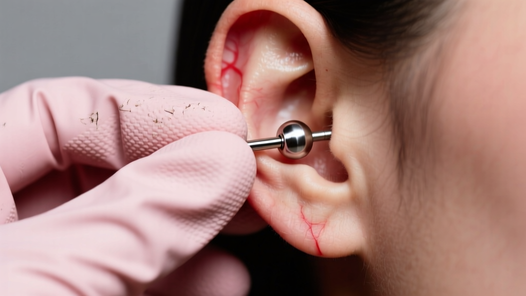 Close-up of rubber-gloved fingers gripping a stuck 14-gauge titanium labret stud on an earlobe, soft studio lighting.
