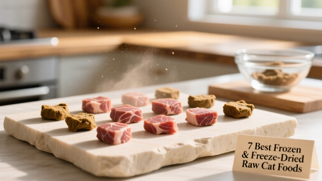 Close-up of high-quality freeze-dried raw cat food morsels arranged neatly on a clean surface