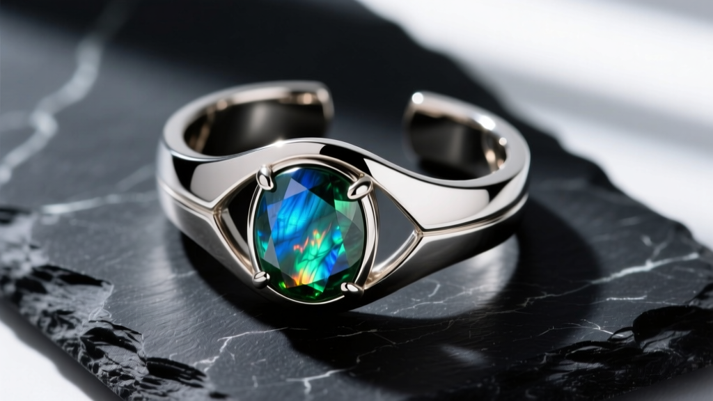 Macro photo of a tension-fit titanium full earring cuff with a bezel-set labradorite gemstone resting on a dark slate surface