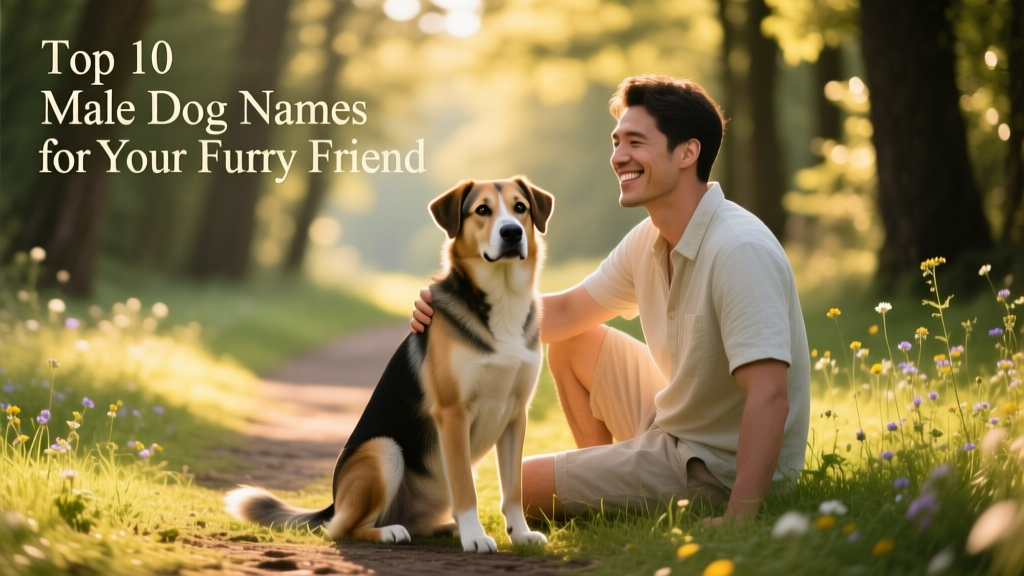 A calm, focused male dog sitting attentively beside his owner on a grassy path, both smiling