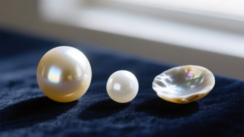 Macro shot of three pearls on velvet: a large creamy South Sea, a bright white Akoya, and an irregular baroque freshwater pearl.