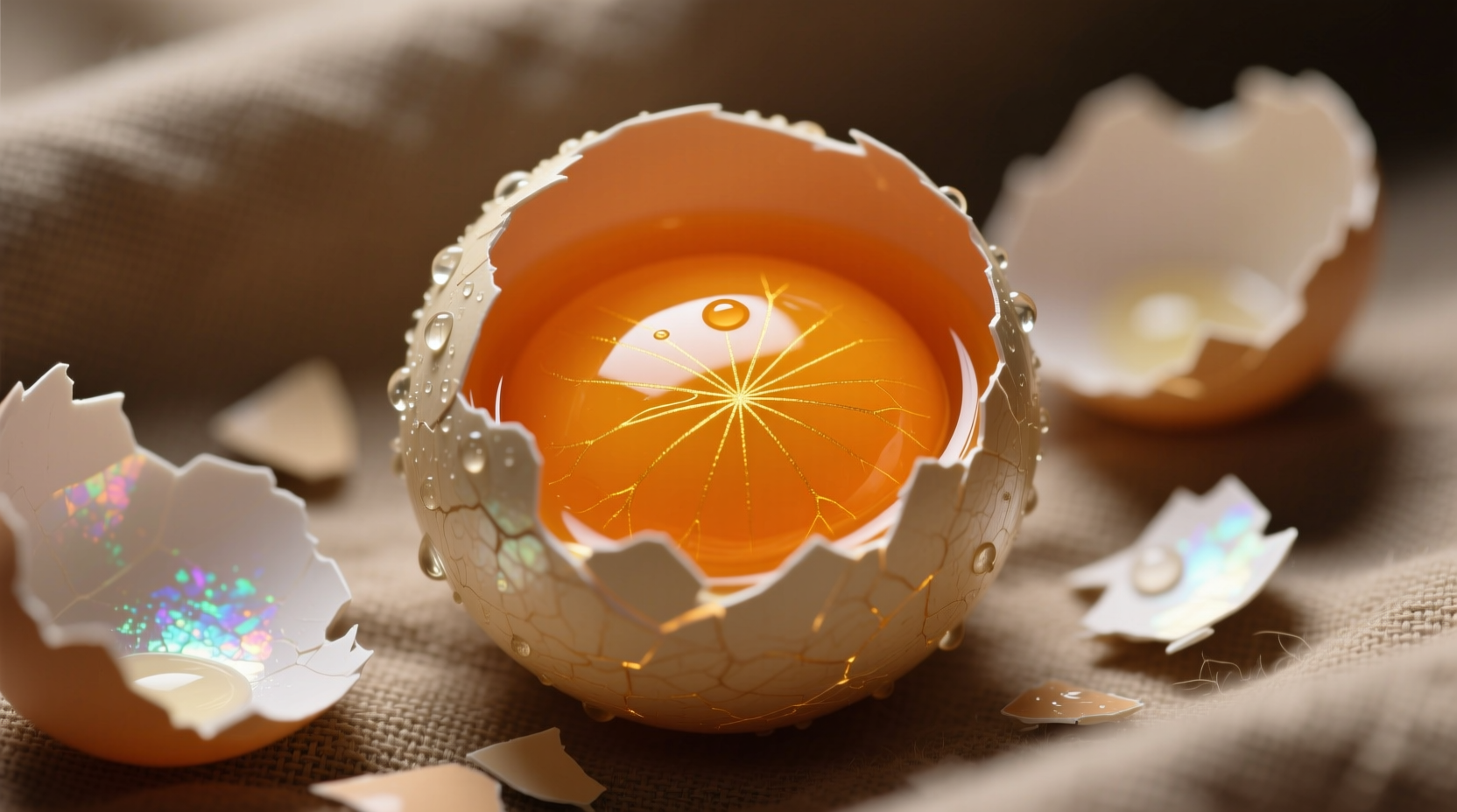 Fresh ostrich egg cracked open showing vibrant orange yolk