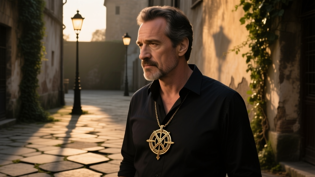 Man wearing a brass AURYN replica necklace over a dark shirt, gazing away in a moody, nostalgic cinematic setting.