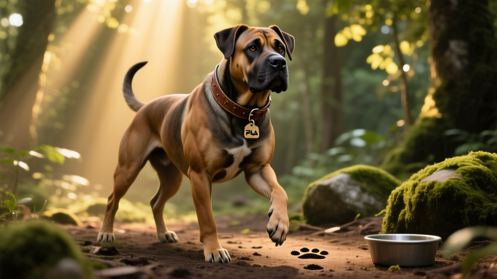 Fila Brasileiro standing alert in a sun-dappled forest clearing, showcasing its muscular frame and distinctive sloping back