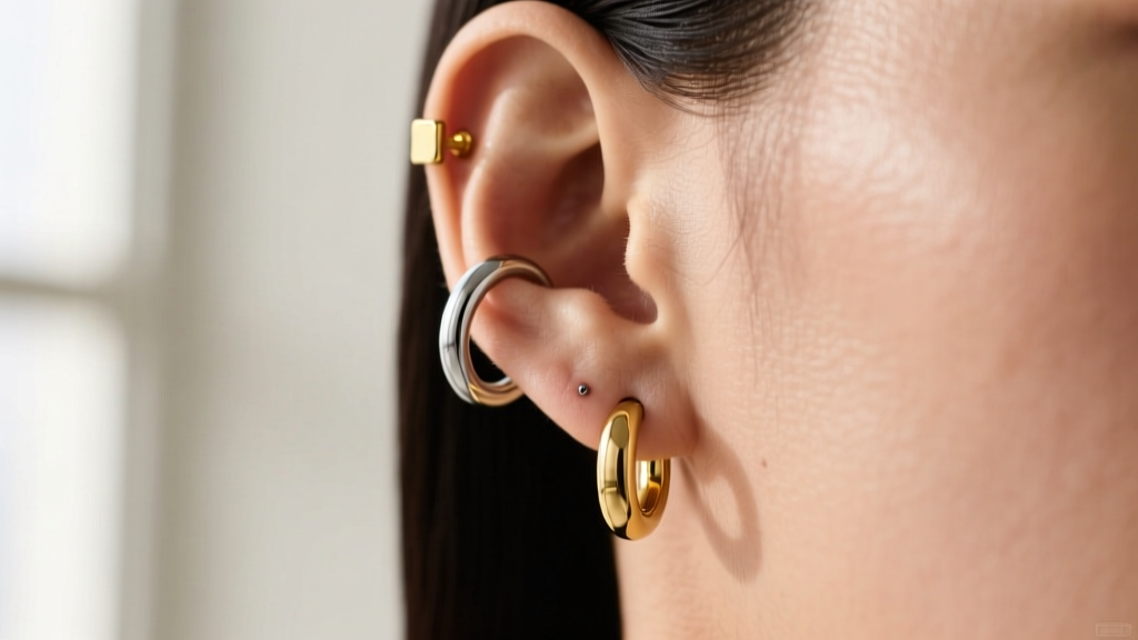 16-gauge titanium seamless hoop and 18-gauge gold lobe stud in a healed ear piercing under soft, warm natural lighting