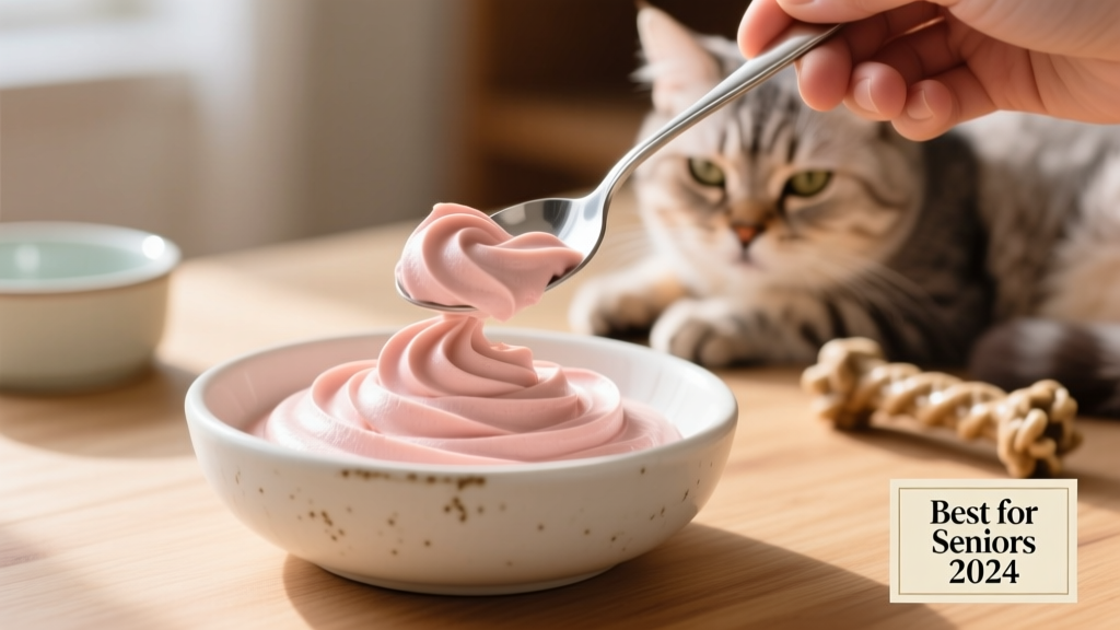 Close-up of creamy, pale pink cat mousse being scooped with a spoon