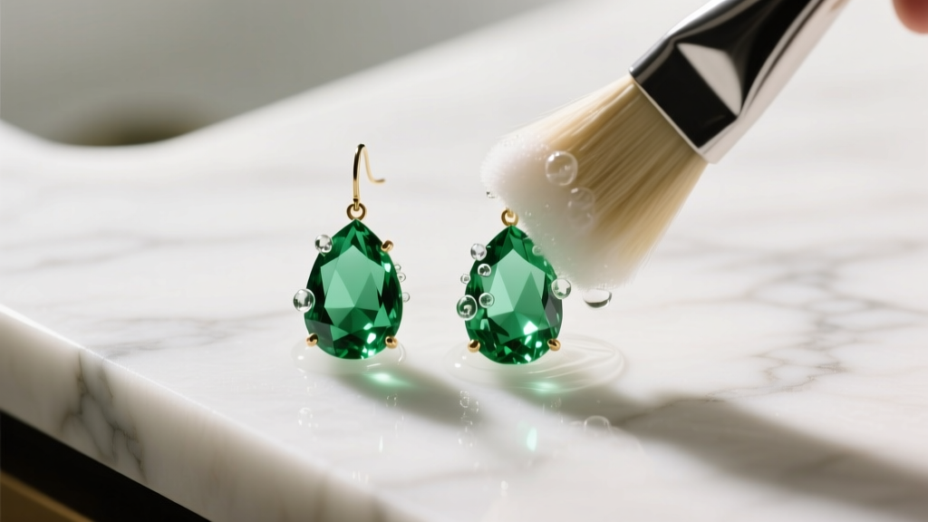 Green amethyst drop earrings gently cleaned with a soft brush in warm soapy water on a white marble counter under natural light.