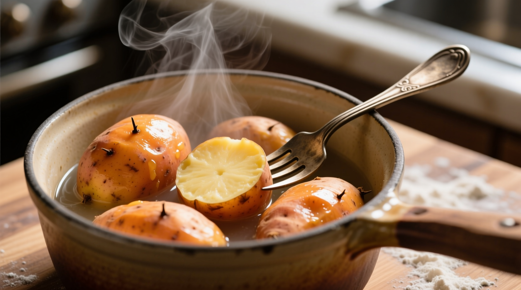 Perfectly boiled sweet potatoes in pot with fork
