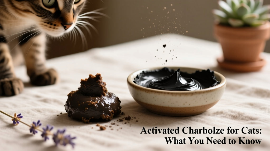 Close-up of a cat’s dark stool next to a small bowl of activated charcoal paste, illustrating the temporary discoloration effect