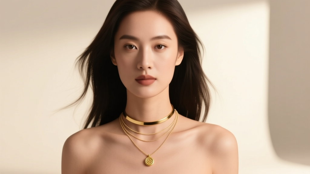 Woman wearing a layered stack with a 2mm small tennis necklace, a gold pendant, and a choker in warm, soft studio lighting.