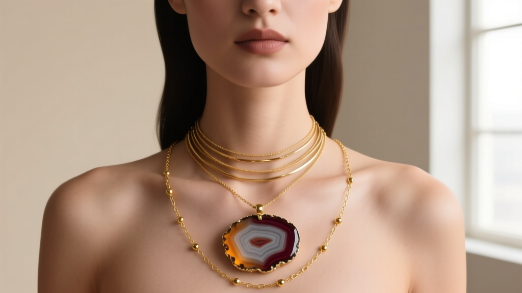 A model wearing a layered necklace stack featuring a polished agate slice pendant and two delicate 14k gold satellite chains.