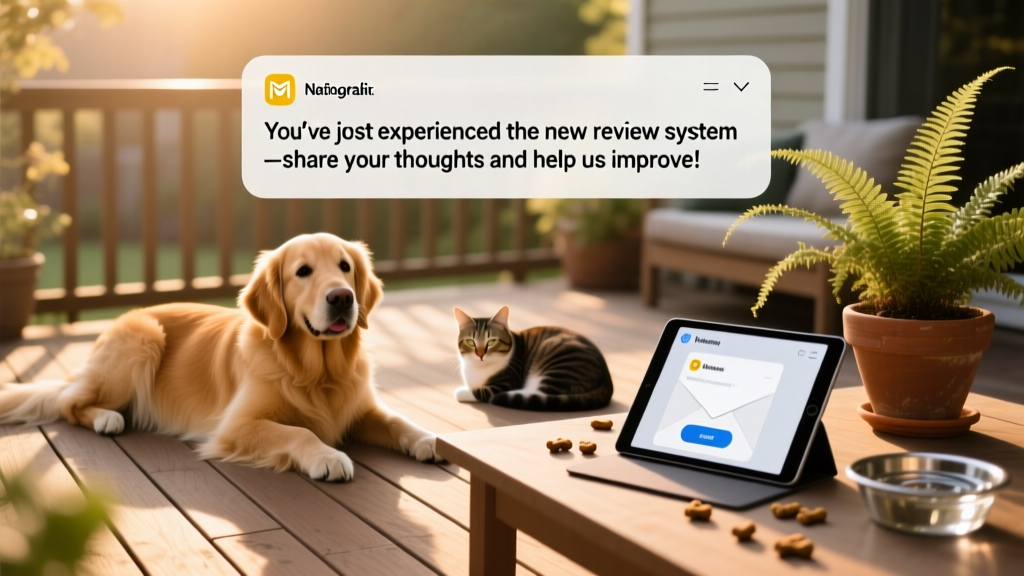 Screenshot-style graphic showing email notification prompting a user to leave a review