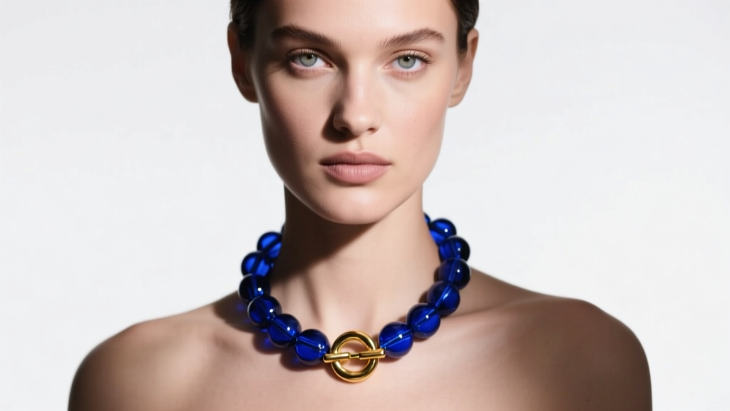 Model wearing a vibrant 16mm cobalt blue glass beaded chunky necklace with a polished gold toggle clasp, soft studio lighting.
