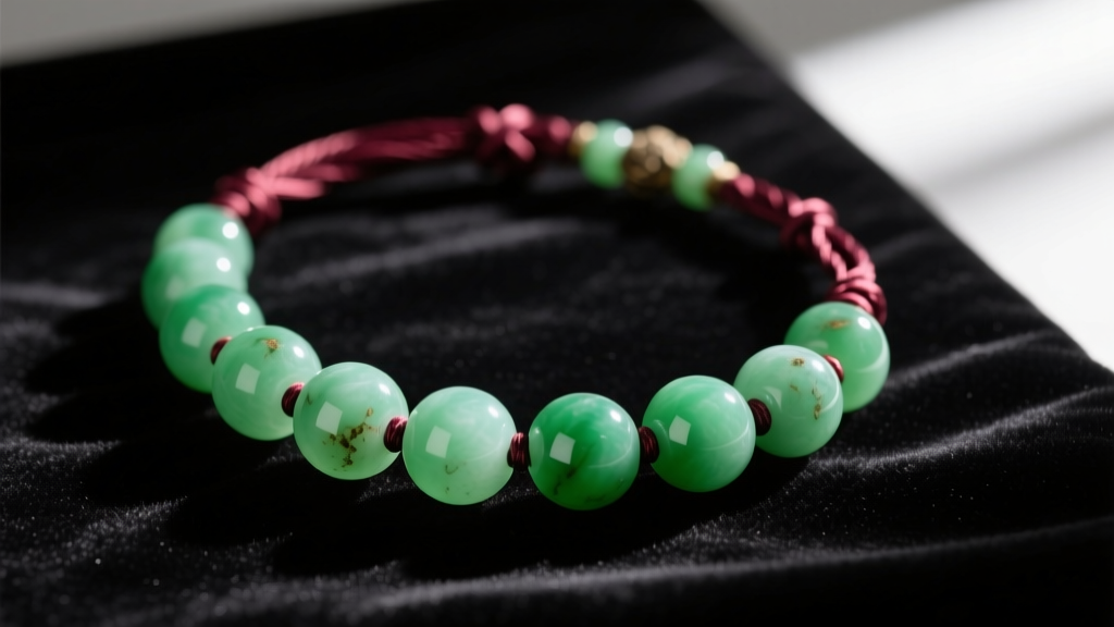 Close-up of a vintage jade bead necklace with 8mm round emerald-green jadeite beads knotted on faded silk resting on dark velvet