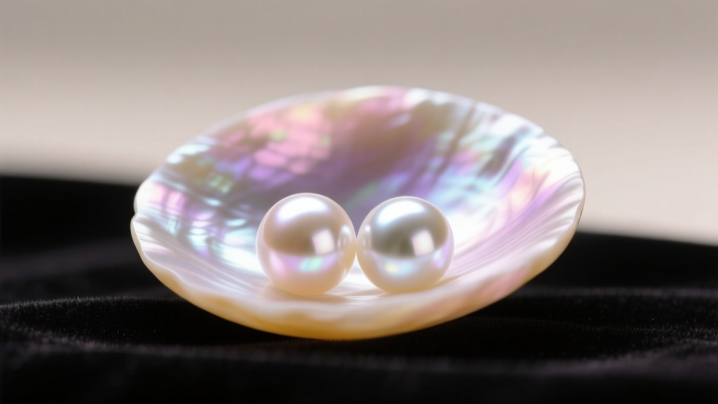 Macro photo of a pearl displaying two specular catchlights reflecting off curved iridescent nacre under soft studio light.