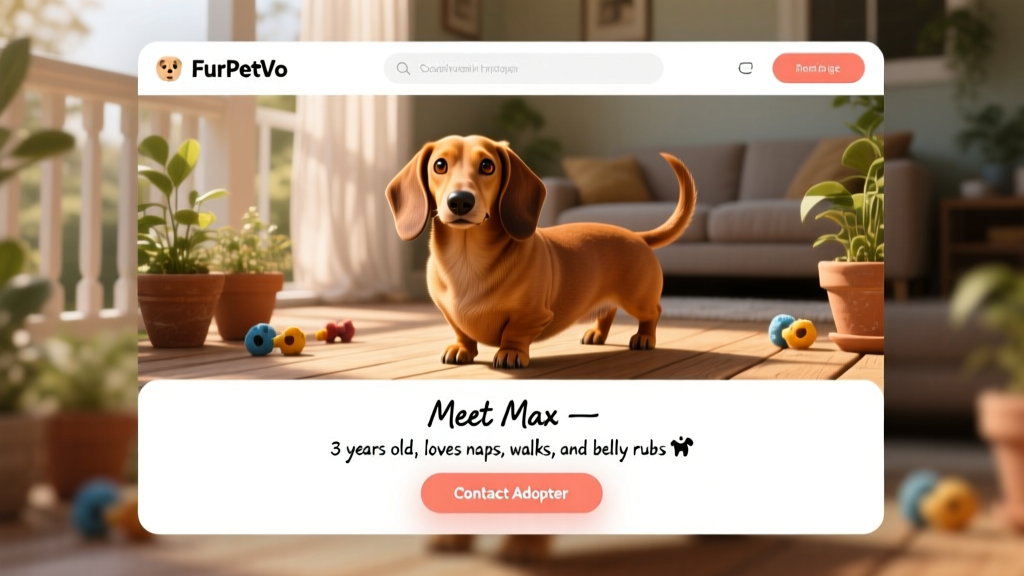 Screenshot-style mockup showing a FurPetVo profile page for a Dachshund, with photos, bio section, and 'Contact Adopter' button