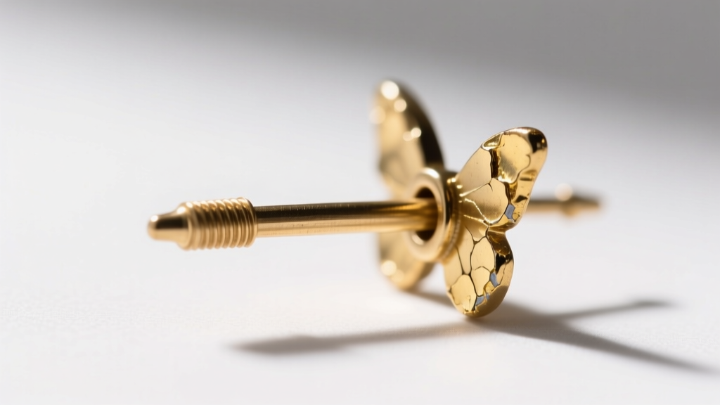 Macro shot of a 20-gauge earring post and butterfly back, highlighting thin brass base metal with peeling gold vermeil plating