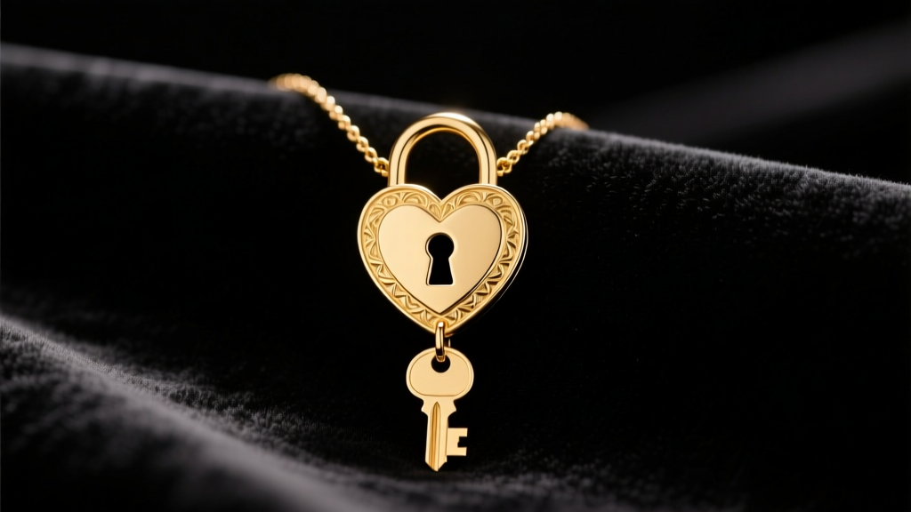 14k gold key heart lock necklace on dark velvet, showing the intricate keyhole and matching key pendant in soft studio light.