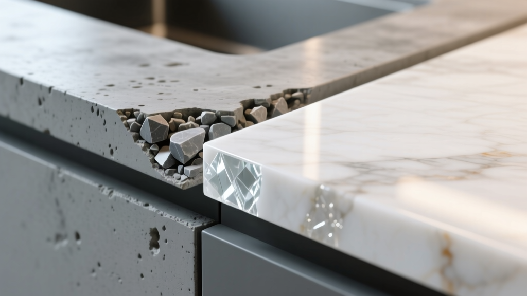 Gray GFRC concrete and white quartz countertop edges revealing aggregate density and polymer resin matrix under bright studio lighting