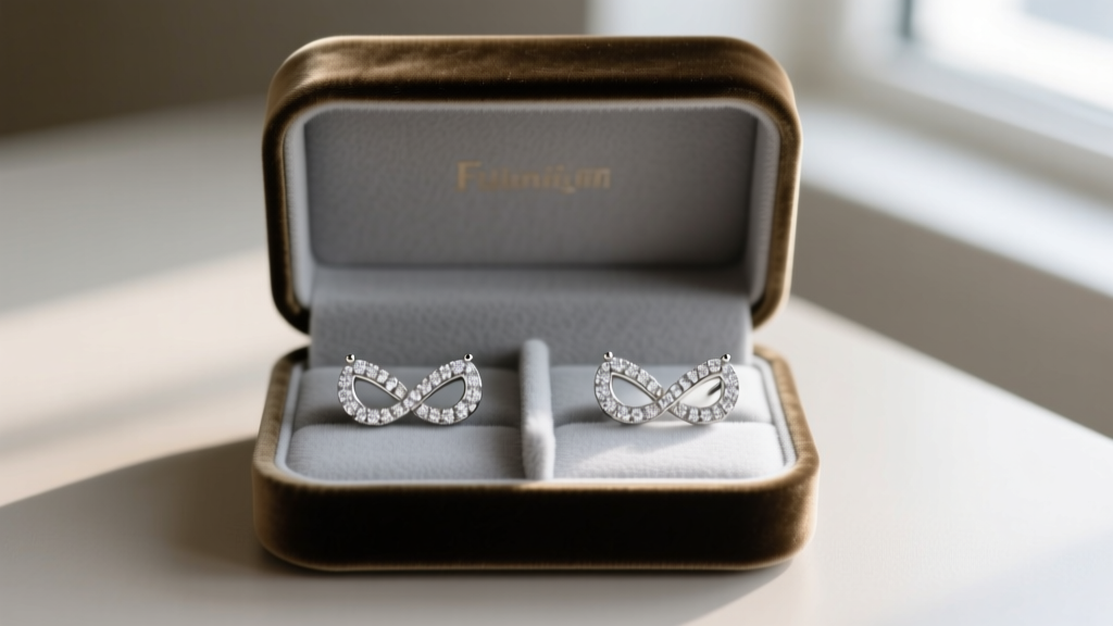 Open velvet box showing two diamond wishbone earrings stored flat, separated by felt dividers to prevent scratching and bending.