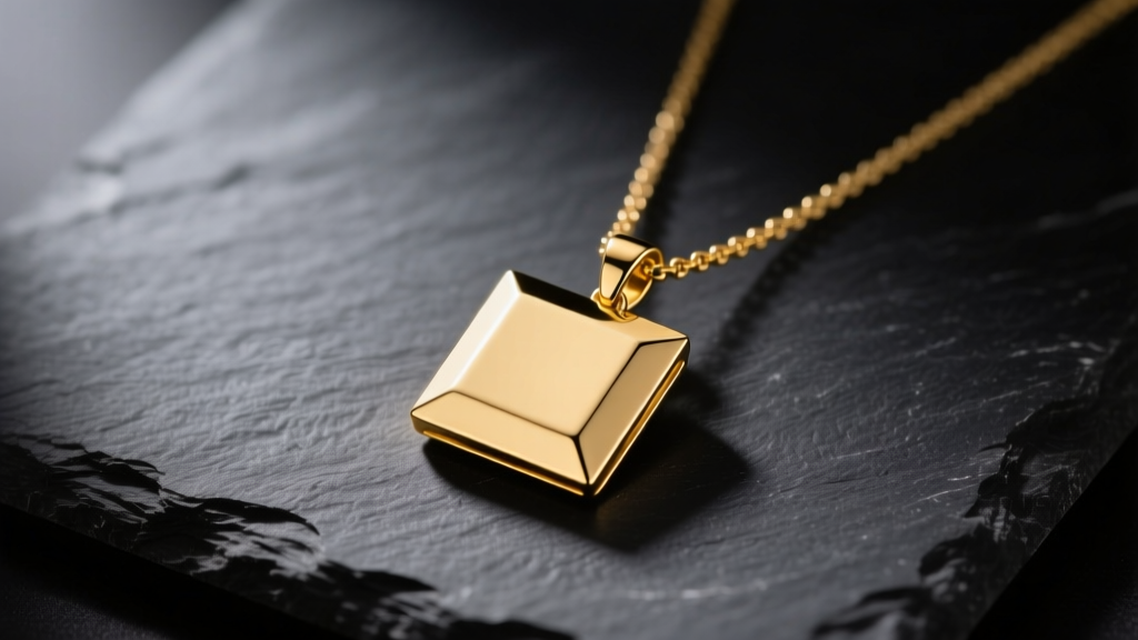 Minimalist 18k yellow gold square necklace pendant resting on dark slate, illuminated by soft directional studio lighting