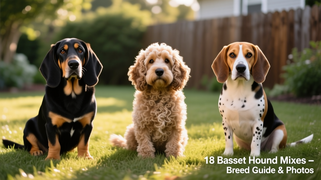 Side-by-side comparison of three Basset Hound mixes: a Bassador, a Bassetoodle, and a Basset Beagle, all sitting calmly on grass
