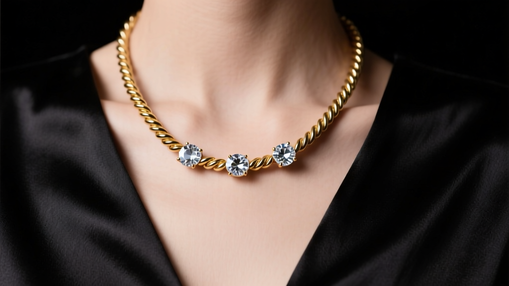 Close-up of a gold-plated twisted bead necklace with 4mm crystals, draped over a black silk blouse under soft studio lighting.