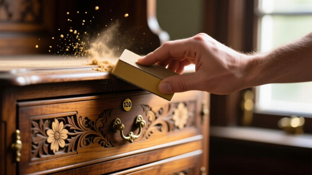 Hand using a 120-grit sanding block on an ornate wooden drawer front of a vintage jewelry armoire, with fine dust visible