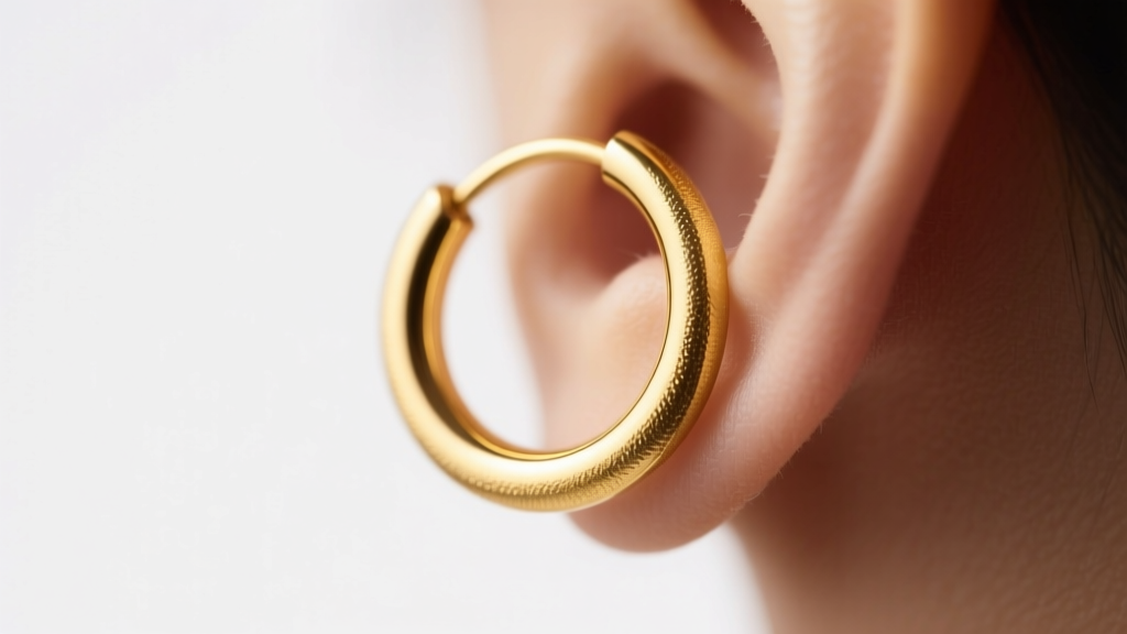 A 10mm yellow gold seamless hoop earring hugging a standard earlobe, shot from a slight angle with soft, warm studio lighting.