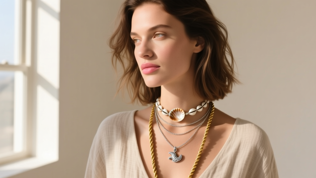 A model wearing a layered necklace stack featuring a small silver Makau pendant, a puka shell choker, and a long gold rope chain