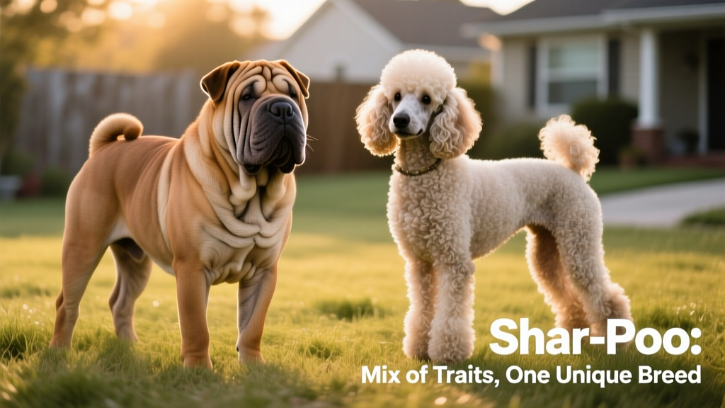 Side-by-side comparison showing a purebred Shar Pei with deep wrinkles and a Poodle with tightly curled fur, highlighting the physical contrast that contributes to the Shar-Poo's varied appearance