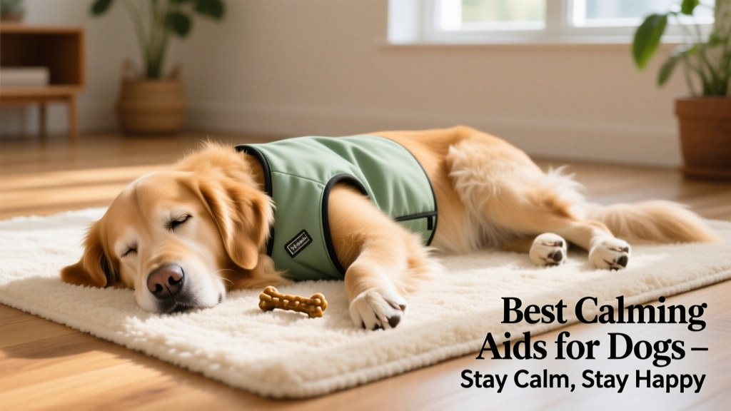 A relaxed golden retriever resting peacefully on a soft rug beside a calming vest and chew treat