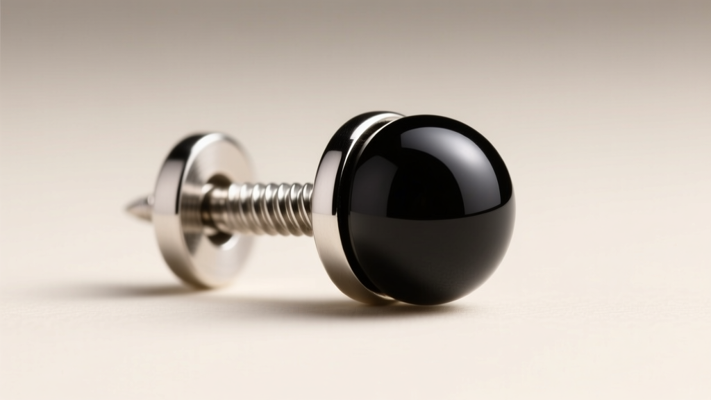 Macro shot of an internally threaded titanium earring post with a black onyx bead, showing the precise screw-in connection point.