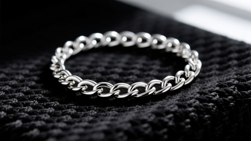 Macro shot of sterling silver chain on black anti-tarnish flannel fabric, highlighting the woven texture and bright metal shine