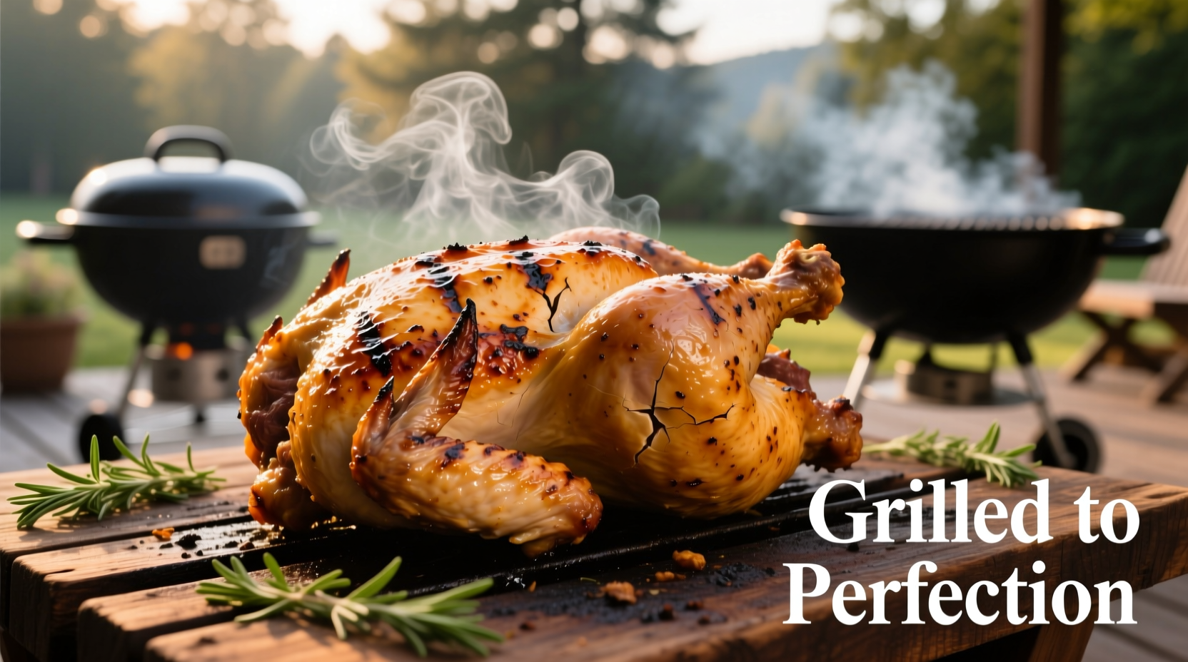 Perfectly grilled chicken with golden skin on barbecue